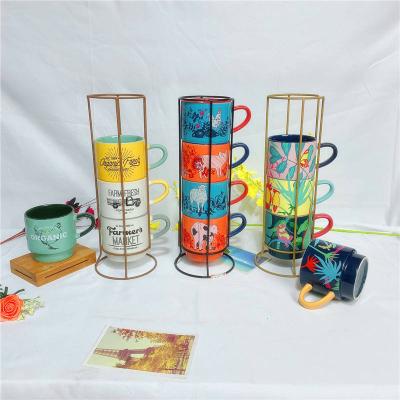 China Wholesale Free Samples CLASSIC Factory Mug Ceramic Stoneware Stackable Mug Set with Custom LOGO and Metal Stand Support OEM Design for sale