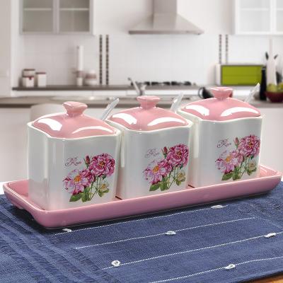 China Cover Tray Set Food Sugar Ceramic Jar Kitchen Storage Jar 3pcs Spice for sale