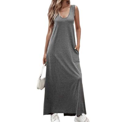 China Anti-Static Women's Cotton Stretch Tank Top Scoop Neck Crossover Back Split Edge Maxi Length Tank Dress for sale