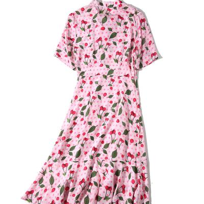 China Anti-Static Custom Women Short Sleeve Casual Dress V-Neck Lace Bow Print Bodycon Dress for sale