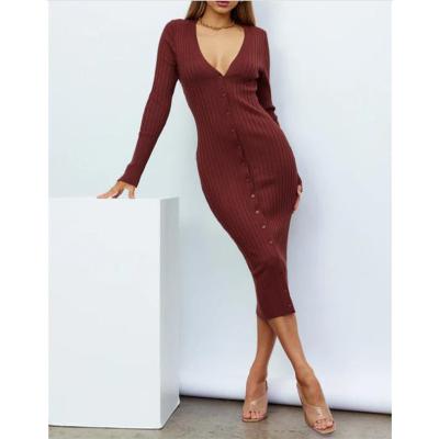 China 2022 Autumn New Anti-Static Fashion Stretch Slim Front Button Closure Women Long Dress Casual Long Dress for sale