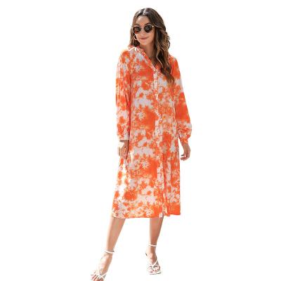 China Custom Women's Long Sleeve V-neck Straight Dress Tie Anti-Static Dyed Long Side Cardigan Fashion Casual Dress for sale