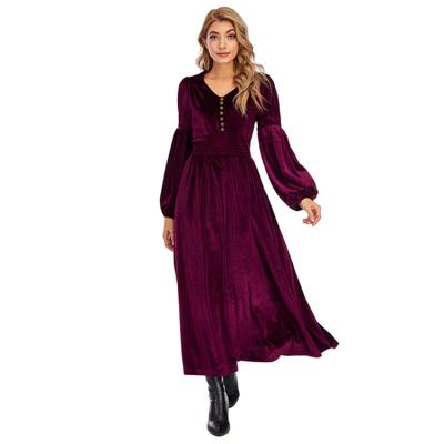 China Wholesale Anti-Static Wholesale Anti-static High-end Elegant Women's Long Sleeve Lady Wine Red V-Neck Dress Long Skirt Dress for sale