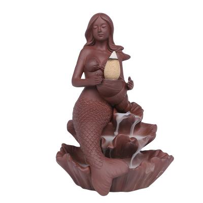 China Creative Chinese Purple Ceramic Home Decor Censer Lotus Mermaid Waterfall Backflow Censer Incense Cone Holder for sale