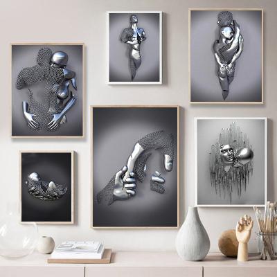 China Modern Home Decor Metal Figure Statue Romantic Wall Art Abstract Lovers Sculpture Posters Prints Pictures Canvas Painting for sale