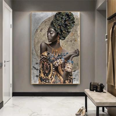 China Modern Abstract African Black Woman Canvas Wall Art Modern African Girl Decorative Prints Art Painting for sale