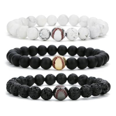 China 8mm Environmental Friendly Hot Selling Natural Stone Beads Bracelet For Women And Men Elastic Rope Baseball Bracelet for sale