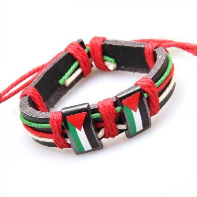 China High Quality Punk Palestine Flag Leather Bracelet Braided Wristband Palestine Leather Wristband for sale