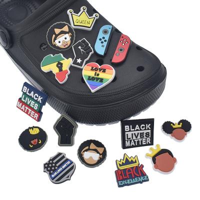 China Clog Amazon Custom Logo Charm 2021 Brand Lives Matter Charms Wholesale Hot Black Decorations Rubber Buckles For Croc For Clog for sale