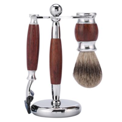 China Superb Shaving Brush JDK Rosewood Handle Badger Hair Shaving Brush Set with Safety Razor and Brush Holder for sale