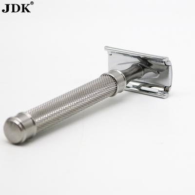 China JDK Twin Blade Men's Reusable Private Label Safety Razor Zinc Alloy Double Edge Silver Edge for sale