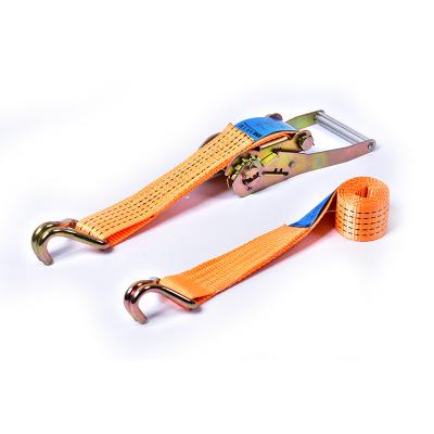 China Adjustable 2inch 5T Polyester Motorcycle Ratchet Belt Truck Link Lashing Down Belt With Double J-Hooks/Wire Hook for sale