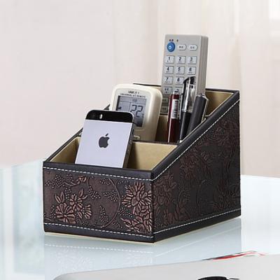 China Top Grade Office Accessories PU Cover Brush Jar Desk Viable Pen Holder Wooden Inside Organizer for sale