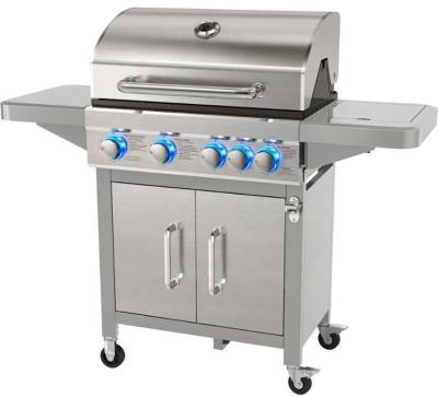 China Easily Assembled 4 Burner Gas Grill with Side Burner with LED for Outdoor Steel Propane Folding Cart BBQ Factory Supply Gas Griddle Directly for sale