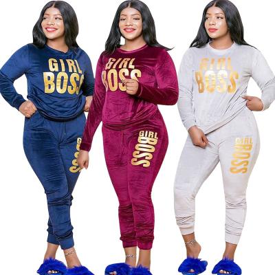 China Casual winter QUICK DRY fashion plus size women's clothing letter printed velvet fabric women two piece set for sale