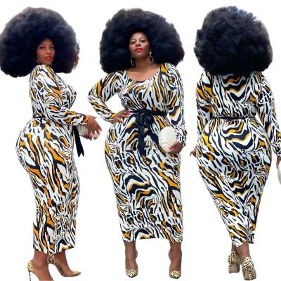 China Fall 2021 women anti-static clothing fashion new style casual zebra stripes print long sleeved plus size dress for sale