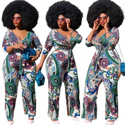 China Fashion QUICK DRY casual v-neck geometric print plus size drop women's one-piece jumpsuit for sale