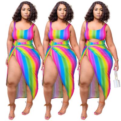 China Two Piece Fashion Breathable Sexy Rainbow Striped Hollow Out One Piece Skirt Plus Size Women's Clothing for sale