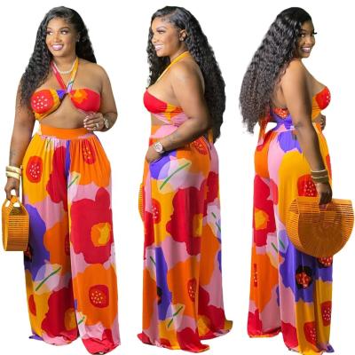 China Sexy Anti-wrinkle halter neck straps bikini print wide-leg pants plus size women's two-piece plus size pants for sale