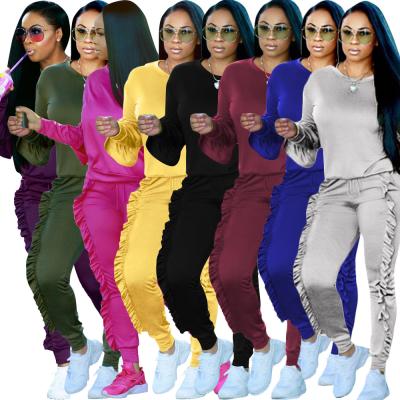 China Best Product Fall Set Woman Fashion Breathable Selling Casual Quilting Ruffled Long Sleeved Pants Sweatsuit Set for sale