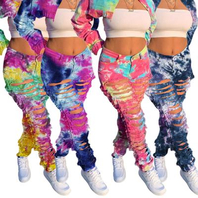 China Fashion QUICK DRY Women's Denim Pants Hole Cut Button Straight Tube Tie Dye Ripped Jeans for sale