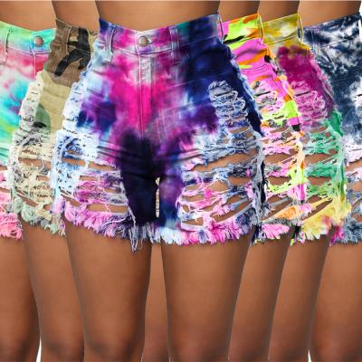 China QUICK DRY Sexy Tie Dye Printed Denim Shorts Womens Jeans Casual Ripped Hollow Out Pants Stretch Jeans Women for sale