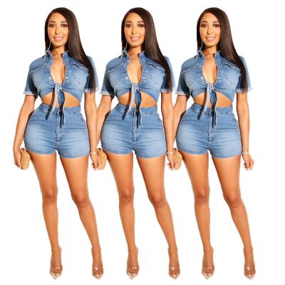 China 2021wholesale newcomers denim jacket denim jacket street crop wear women QUICK DRY short top cropped jeans two piece set for sale