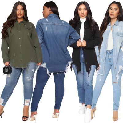 China 2021 fall women Anti-wrinkle clothes fashion casual plus size women's loose hole washed ripped denim jacket for sale