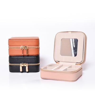 China Fashion Custom LOGO Jewelry Ring Mini Travel Portable Leather Jewelry Box With Makeup Mirror for sale