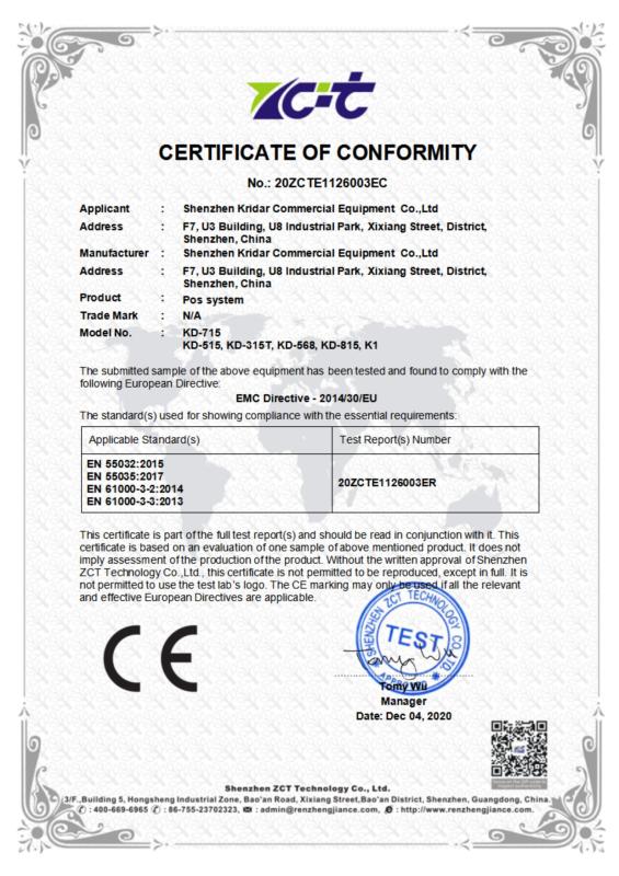 CE - Shenzhen Kridar Commercial Equipment Co., Ltd.