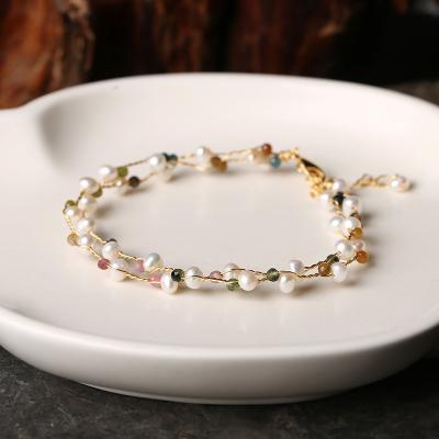 China Original creative style natural tourmaline fashion freshwater pearl double wrap simple pearl diy bracelet for sale