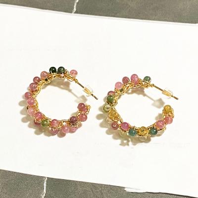 China 2021 hot selling TRENDY natural colorful 14k gold plated handmade c-shaped tourmaline jewelry earrings women for sale