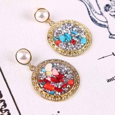 China Retro FASHIONABLE Korean Style Colored Geometric Rhinestone Metal Round Inlaid Natural Stone Earrings for sale