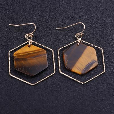 China FASHIONABLE European and American trend women's natural stone frame flake earrings hexagonal copper jewelry for sale