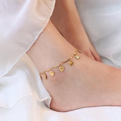 China Fashion Exquisite Stylish Stainless Steel Foot Jewelry 14K 18K Gold Filled Love Heart Tassel Anklets For Women for sale