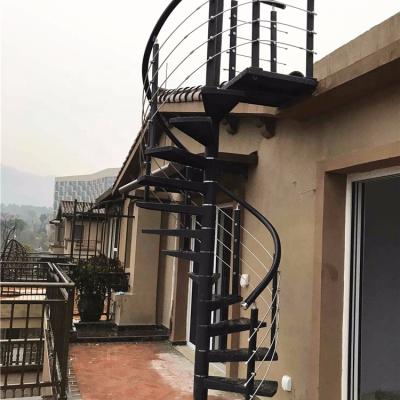 China Home House / Commercial Building Low Cost Outside Stairs / Curved Black Steel Spiral Staircase Outdoor Wrought Iron for sale