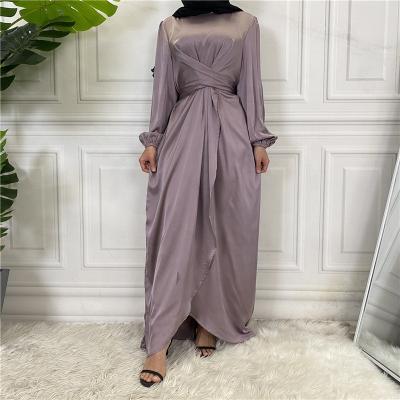 China Polyester Abaya Muslim Dress/Lady Elegant Spandex Robe Gown in Dubai Islamic Clothing for Women Modest Fashion Tie Belt Satin Long Maxi Dress for sale