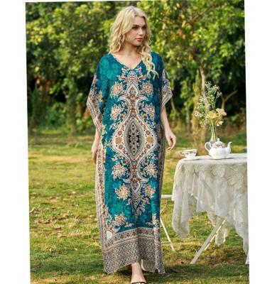 China Maxi Dress For Women Ethnic Printing Polyester/Batik Summer Spandex Kaftan Ladies Dubai V-Neck Muslim Loose Fit Kaftan Beach Casual Long Dress for sale