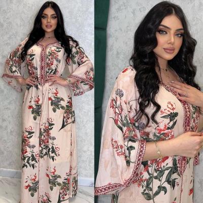 China Muslim Arabic Maxi Dress Women Dubai Abaya Turkey Eid Ramadan Kaftan Islamic Clothing Evening Dress Polyester/Spandex Fashion Floral Print Long Dress for sale