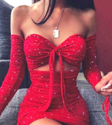 China 2022 Summer Anti-Static Sexy Sparkle Off Shoulder Ruched Bodycon Dress Plunge Design Women Girl Nightclub Elegant Party Tied Dress for sale