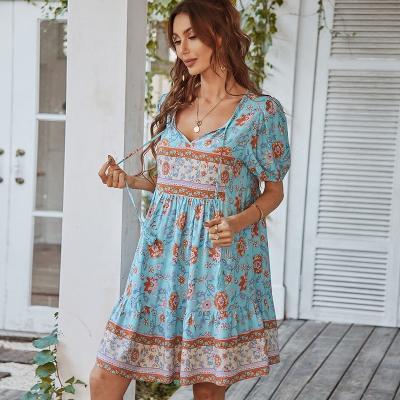 China Wholesale Anti-static Bohemian V-neck Short Casual Loose Sleeve Women's Sexy Midi Beach Dress Loose Ruffled Vintage Vacation Dresses for sale