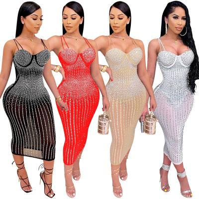 China Lady 2022 New Arrival Summer Girl's Dress Long Evening Party Elegant Sexy Rhinestone Maxi Bodycon Night Club Dresses for sale