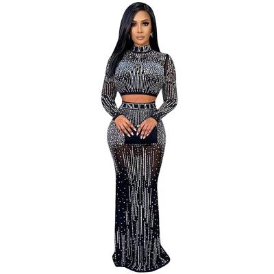 China Women Breathable Crystal Mesh Maxi Dress Lady Long Sleeve sexy Fashion See Birthday Party Night Clubwear Dress the long for sale