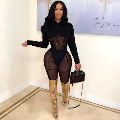 China 2022 Women QUICK DRY Mesh See Through Hoodies Tops + Spring Pencil Pants Two 2 Piece Sets Sexy Fashion Outfit Club Party Skinny Jumpsuits for sale