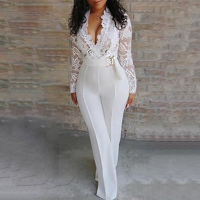 China Overall Solid Embroidered Wide Leg Overalls Zipper Lace Overalls Ladies QUICK DRY Long Sleeve Elegant V-Neck High Waist Aftermarket Overalls for sale