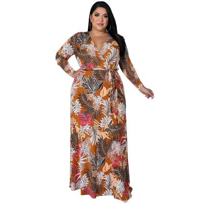 China Elegant Fashionable Women African 4XL 3XL Long Sleeve V-Neck Dress Floral Summer Plus Size Casual Beach Maxi Dress for sale