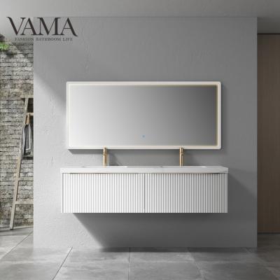 China VAMA 60 Inch Waterproof Italy Luxury Slotted Timber MDF Bathroom Furniture Wooden Cabinet With Porcelain Tops for sale