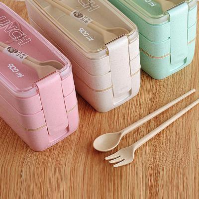 China 100% Food Grade Material Heatable Wheat Straws 3 Layers Food Container Lunch Box With Spoon And Fork for sale