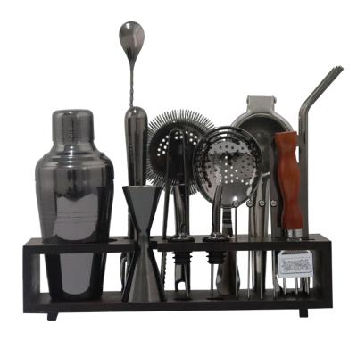 China Sustainable Stainless Steel Bar Set Black Plated Bar Set Cocktail Shaker Set With Bamboo Rack for sale