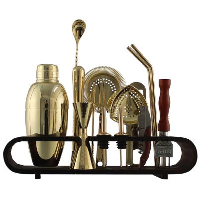 China 20 Pcs 304 Stainless Steel Modern Bartender Cocktail Shaker Set Set Whisper Bamboo Holder Set for Bar and Home for sale